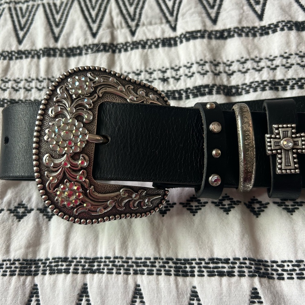 Rhinestone Black Leather Belt - Picture 4 of 6